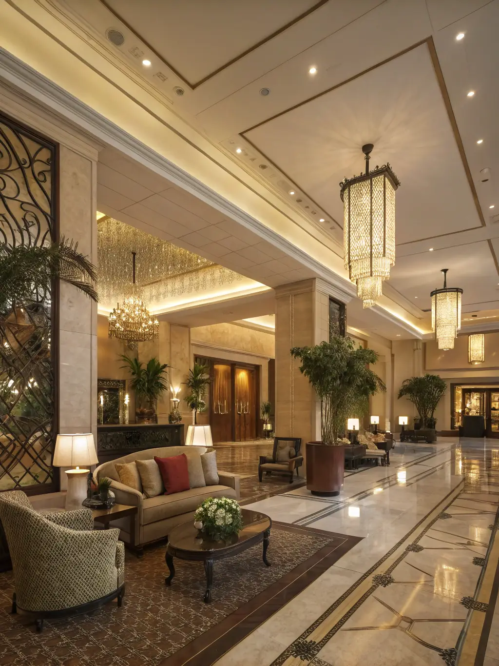 Luxurious hotel lobby of Dusit Thani at Krungthep Wellness Residence, featuring elegant interiors.