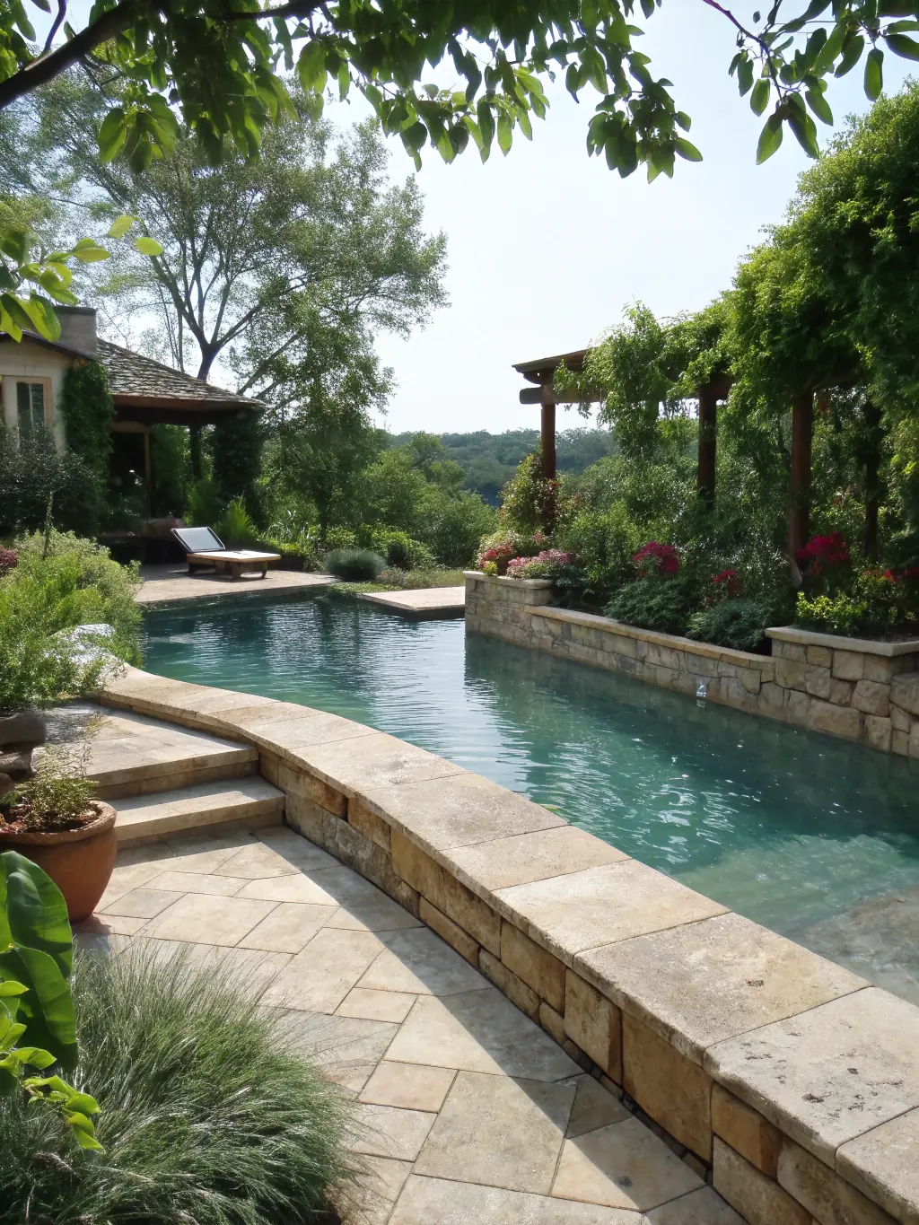 Serene swimming pool area surrounded by lush greenery and comfortable lounging spaces.